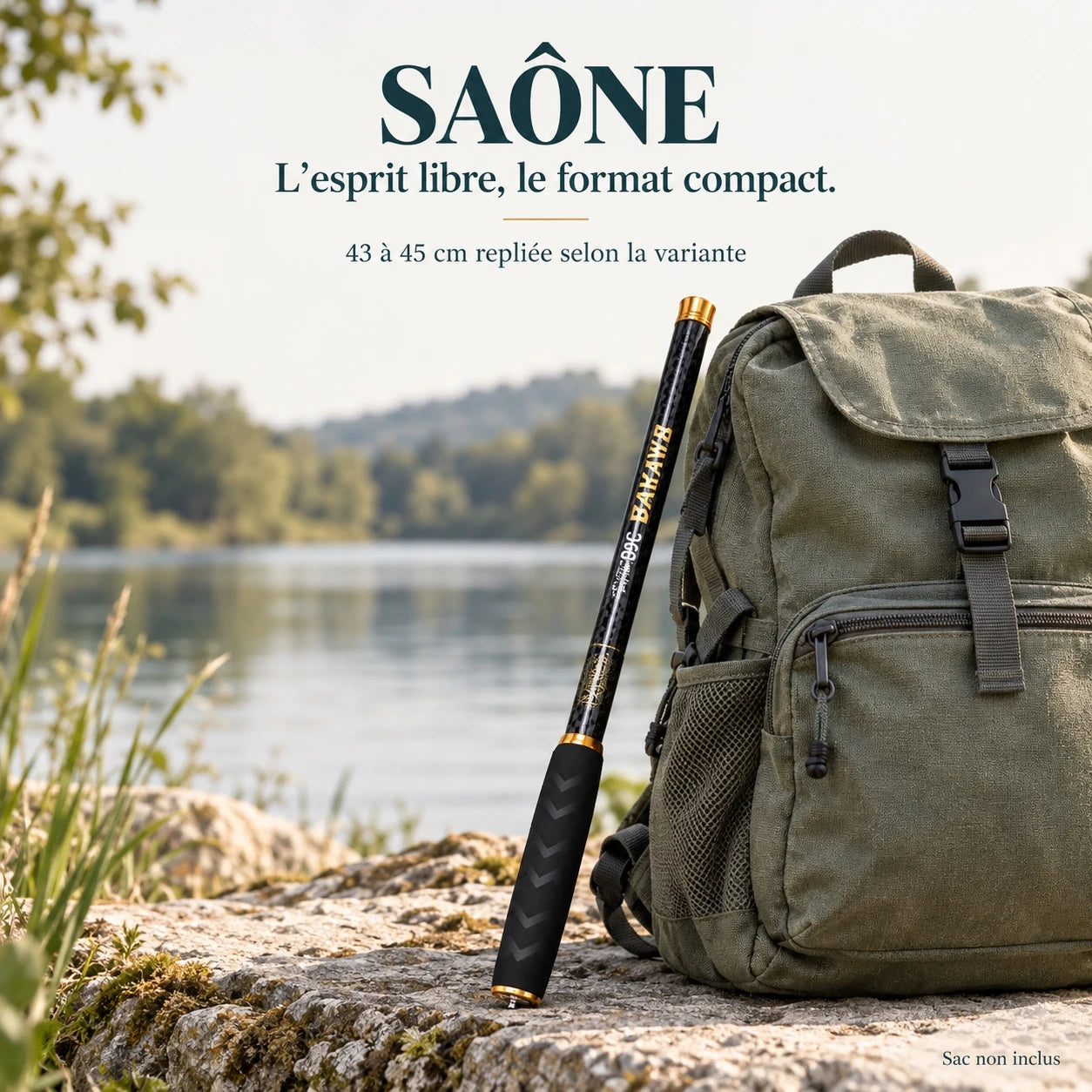 Présentation du format replié de la canne Saône ; sac non inclus